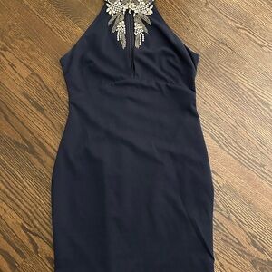 Lulus “alluring evening navy blue beaded bodycon dress”